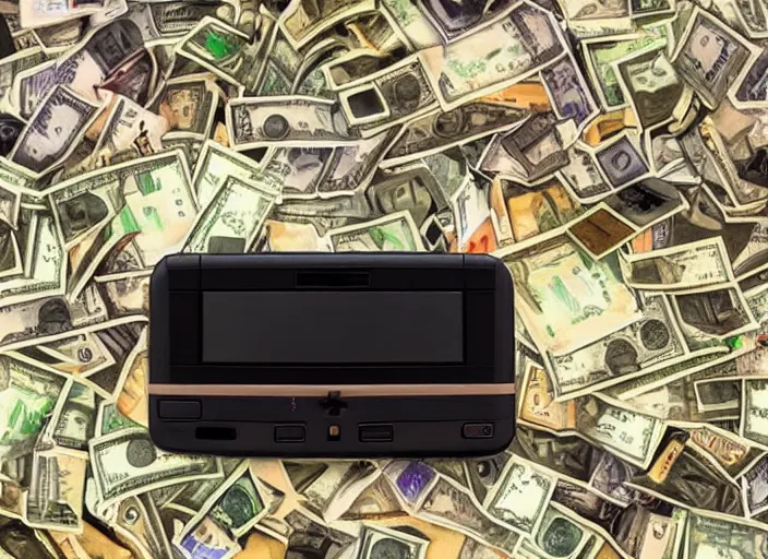 Image similar to surrealist art of nintendo 6 4 console in front of stacks of money