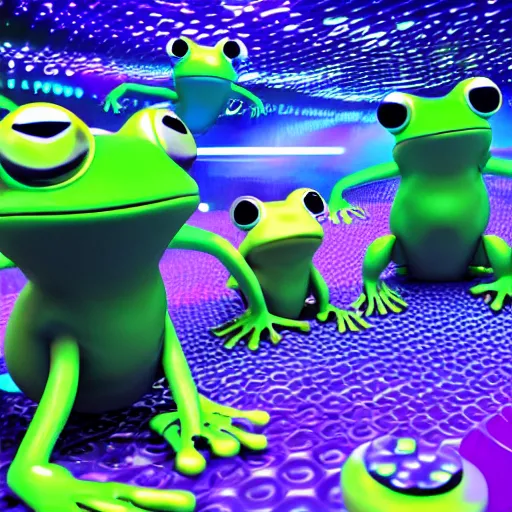 Prompt: futuristic frogs having a rave party in a club