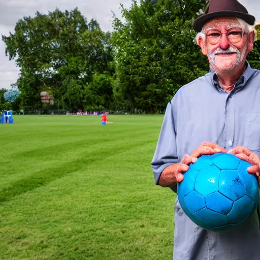 Image similar to an old man with blue hair bringing his priceless soccer ball to the antiques roadshow,