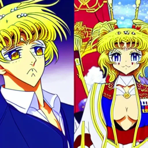 Image similar to president of belorussia, alexander lukashenko in anime with golden long wand in his hands in anime style, sailor moon, anime, perfect faces, fine details
