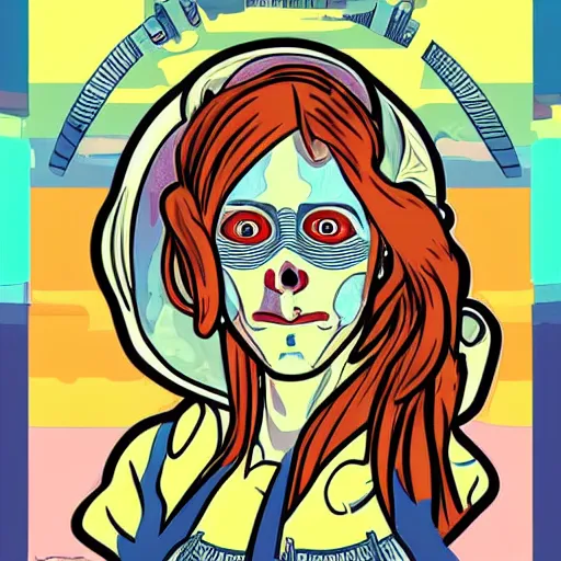 Image similar to astronaut female skull portrait in the style of and Alphonse Mucha and Disney illustration pop art