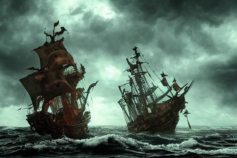 Image similar to epic pirate ship in a storm, cthulhu rises from the sea, cthulhu, cthulhu!!! in the style of vernon grant and chris van allsburg, trending on artstation, bright tilt - shift camcorder effect, photoshop, retrowave, hyperrealism,