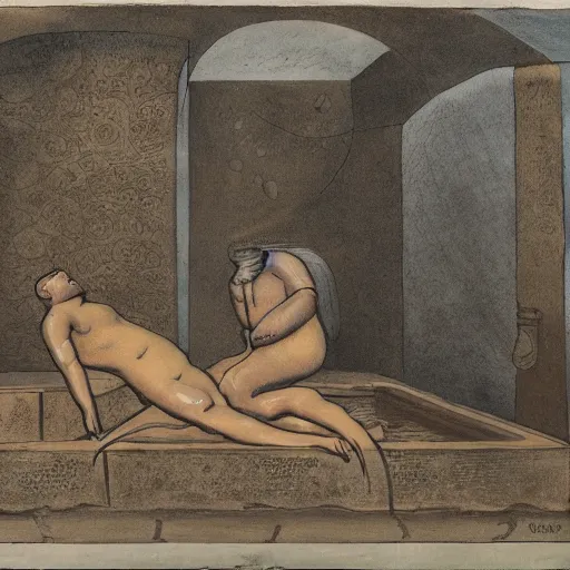 Image similar to a walrus with two tails laying in a old roman bathhouse