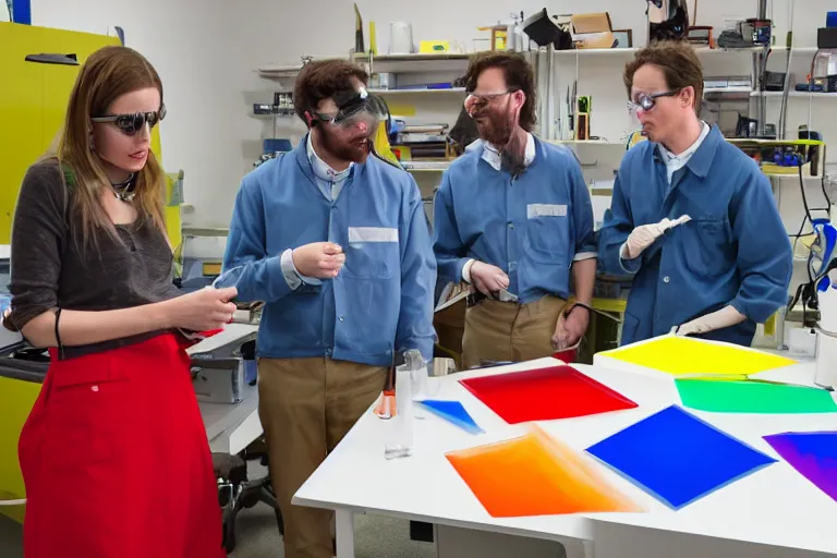 Image similar to recent photograph of reckless!!! whimsical! scientists in a lab inventing a new primary color!!!!, presentation, slide show