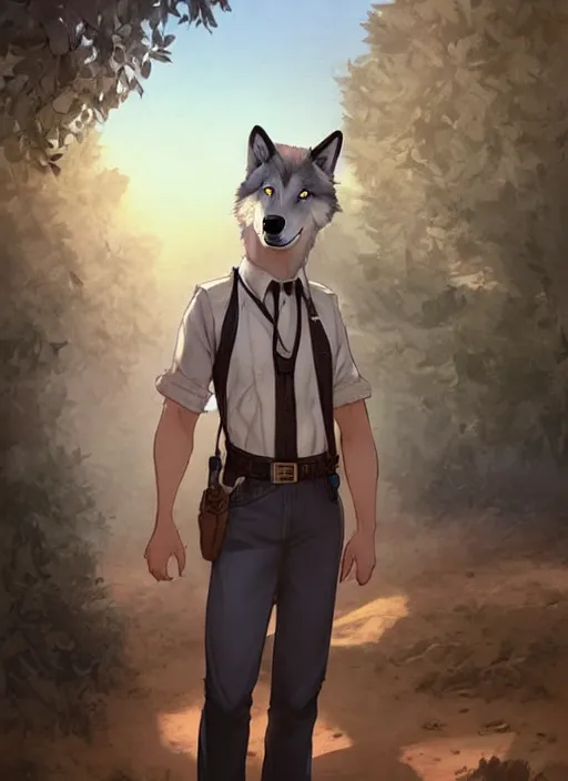 Image similar to beautiful portrait commission of a male furry anthro timber wolf old-timey Sherriff wearing white dress shirt with suspenders in an old-timey desert town. Atmospheric. Character design by charlie bowater, ross tran, artgerm, and makoto shinkai, detailed, inked, western comic book art