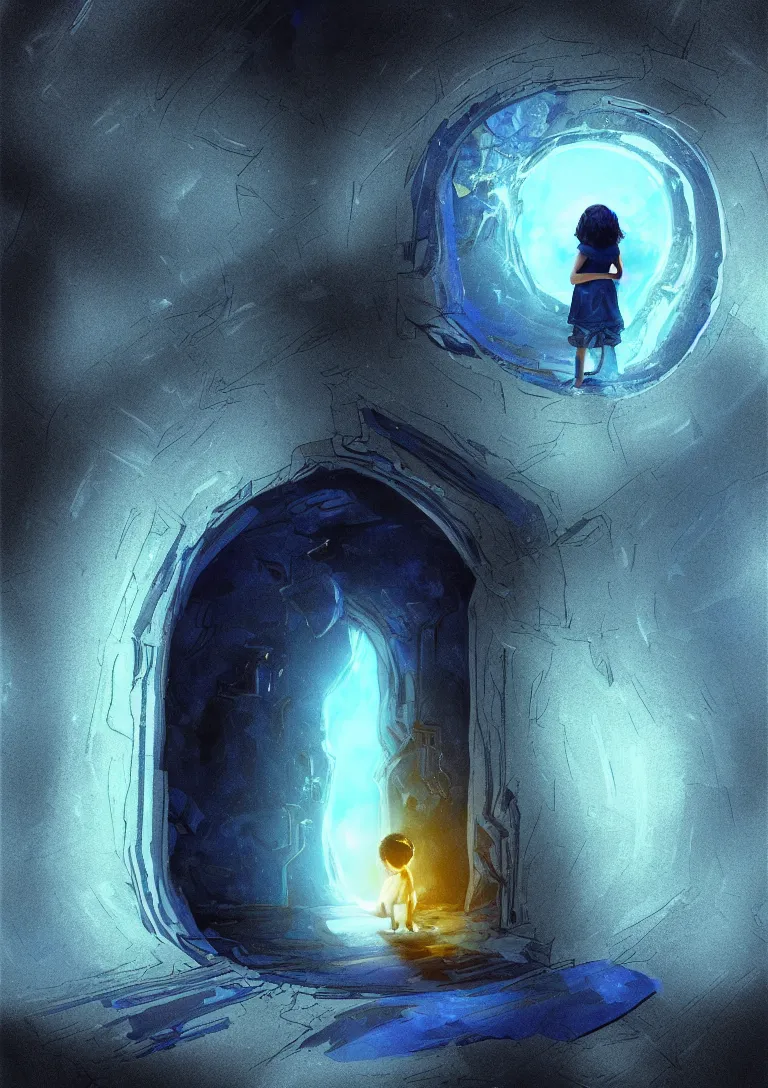 Image similar to The portal into his imagination. High concept art. Introspective. Blue black gold themed.