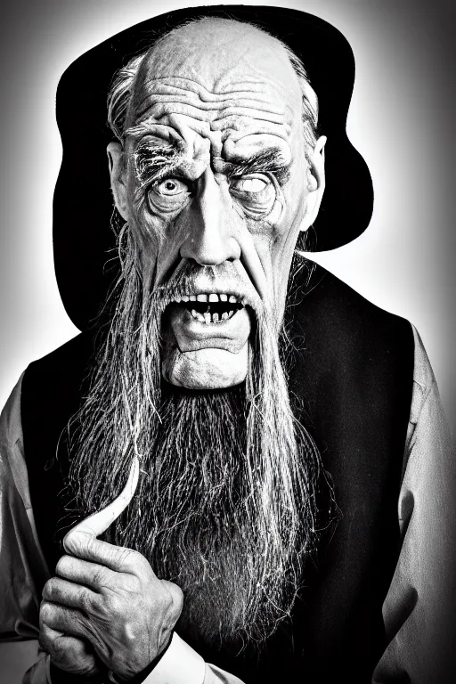 Prompt: a sour face old man, a stereotypical undertaker from an old movie, black and white image, 3 5 mm lens studio photography