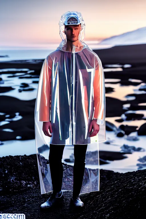 Image similar to an ultra high definition professional high fashion portrait studio full length photograph of a male model wearing a transparent pearlescent raincoat and neon visor in an icelandic black rock environment at dawn. no artefacts. extremely detailed. stark. refraction. shallow depth of field. volumetric light and shadow. ray tracing. light rays.