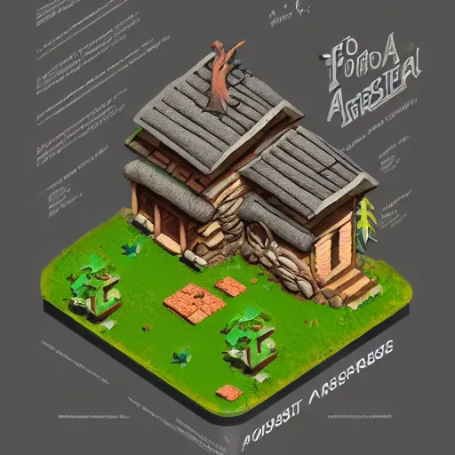 Image similar to a house in the forest isometric style, fantasy, video game design, high key lighting, detailed art, trending on Artstation, sharp focus