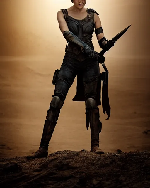 Image similar to photoshoot of gal gadot dressed as imperator furiosa in mad max fury road, photoshoot in the style of annie leibovitz, george miller, alejandro jodorowsky, studio lighting, soft focus 9 mm lens, bokeh
