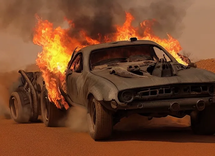 Image similar to mad max car jumping over fire