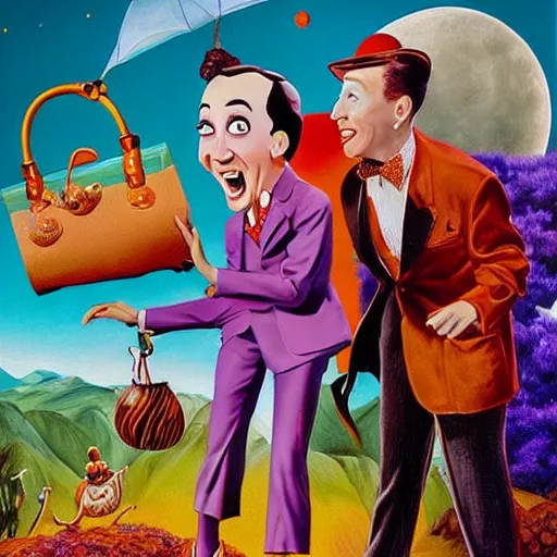 Prompt: beautiful lifelike painting of peewee herman partying with mary poppins on pluto, hyperreal detailed facial features and uv lighting, art by ed roth and basil wolverton