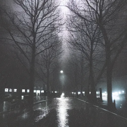 Image similar to Night, street lights, rain, dankness, leaves, darkness. dark, sinister, menacing, haunting, forbidden, gloomy, stormy, doomed, apocalyptic, sinister, dark, ghostly, unnerving, agonizing, terrible, frightening, shocking, horror