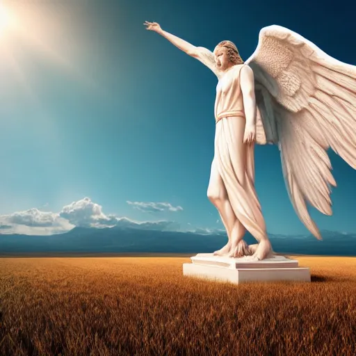 Image similar to gigantic biblical depiction of an angel towering over a vast landscape, cinematic, realistic, geometric body, photorealistic, detailed, white body, global illumination, volumetric lighting, 8 k, god rays, beautiful, majestic clouds