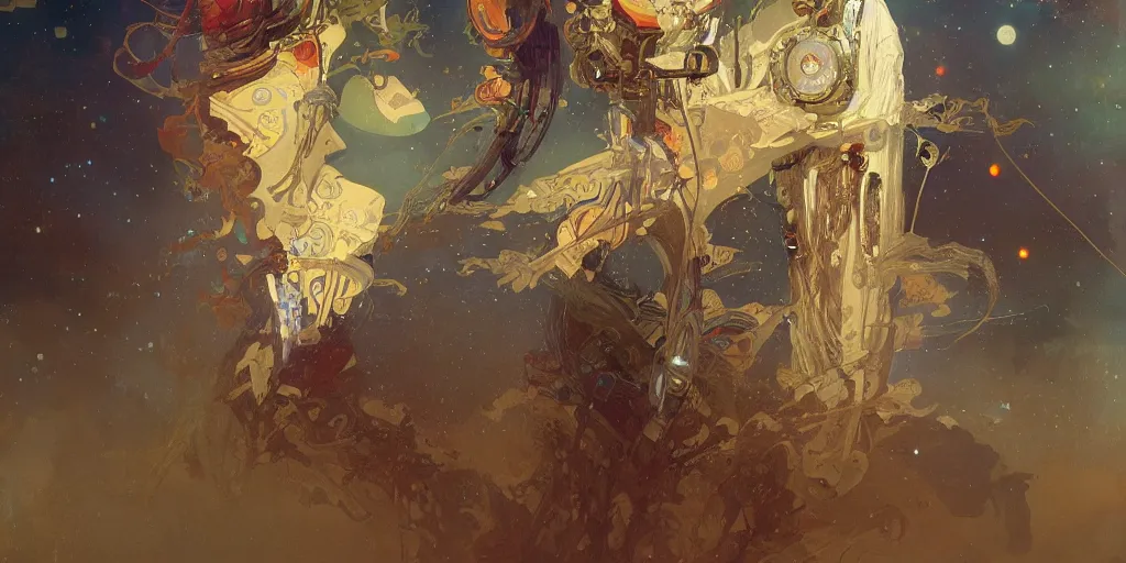 Prompt: a beautifull intricate painting of spaceman, reflexions, verry high details by william turner art, greg rutkowski and alphonse mucha, trending on artstation, very very detailed, masterpiece, vibrant colors