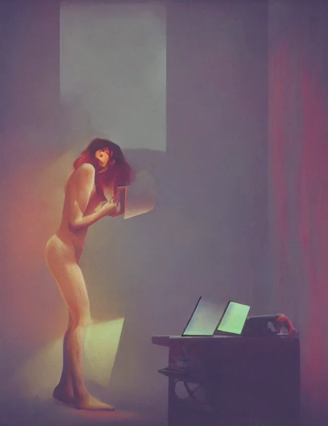 Prompt: woman playing computer games n dark room, redshift, wide shot, coloured polaroid photograph, pastel, kodak film, hyper real, stunning moody cinematography, by maripol, fallen angels by wong kar - wai, style of suspiria and neon demon, david hockney, detailed, oil on canvas