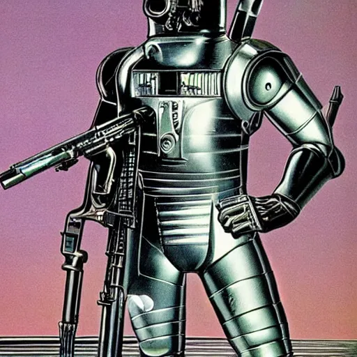 Image similar to 1 9 8 0's heavy metal album art, a shiny reflective detailed chrome android holding a giant rifle - style blaster rifle designed by ridley scott inside a 1 9 8 0's mall