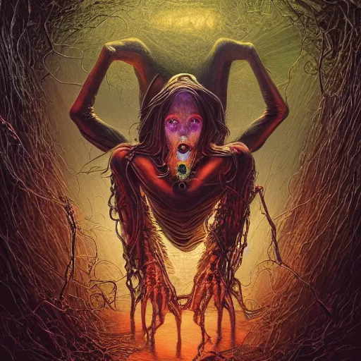 Image similar to photorealistic spider witch in the style of michael whelan and gustave dore. hyperdetailed photorealism, 1 0 8 megapixels, amazing depth, glowing rich colors, powerful imagery, psychedelic overtones, 3 d finalrender, 3 d shading, cinematic lighting, artstation concept art