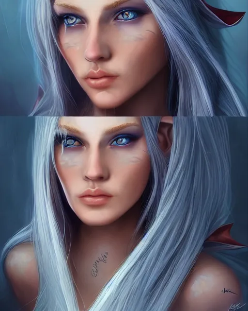 Image similar to beautiful female elf with shimmering hair, symmetrical face and eyes, by Jana Schirmer, cgsocietym Elden Ring