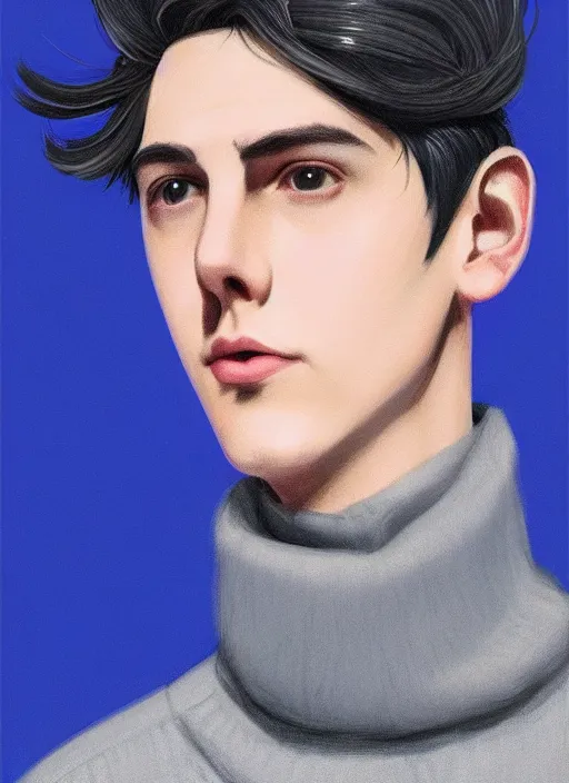 Image similar to portrait of teenage jughead jones wearing a light grey crown, crown, blue turtleneck, 1 9 5 0 s, closed eyes, photorealistic, black hair, glowing lighting, intricate, elegant, glowing lights, highly detailed, digital painting, artstation, concept art, smooth, sharp focus, illustration, art by wlop, mars ravelo and greg rutkowski