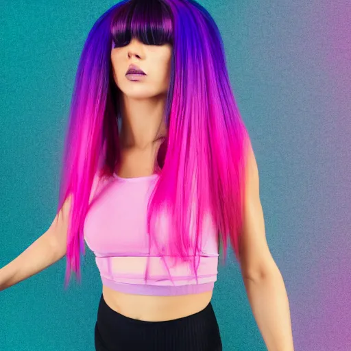 Image similar to a award winning full body shot of a beautiful woman in a croptop and leggings with a ombre purple pink teal hairstyle with head in motion and hair flying, outrun, vaporware, vivid colors, highly detailed, fine detail, intricate