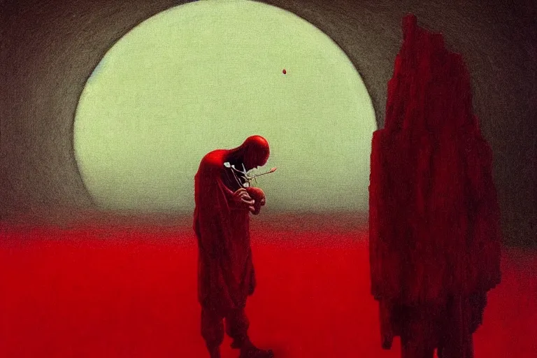 Image similar to only with red, a red shinigami eat apple, mars in background, an ancient path, in the style of beksinski, part by hopper, part by rodcenko, part by hofbauer, intricate composition, red by caravaggio, insanely quality, highly detailed, masterpiece, red light, artstation