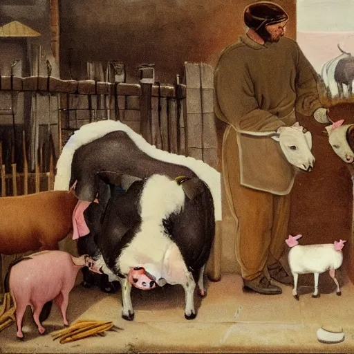 Image similar to butcher feeding a cat, while being watched by a pig, a sheep, a chicken and a cow