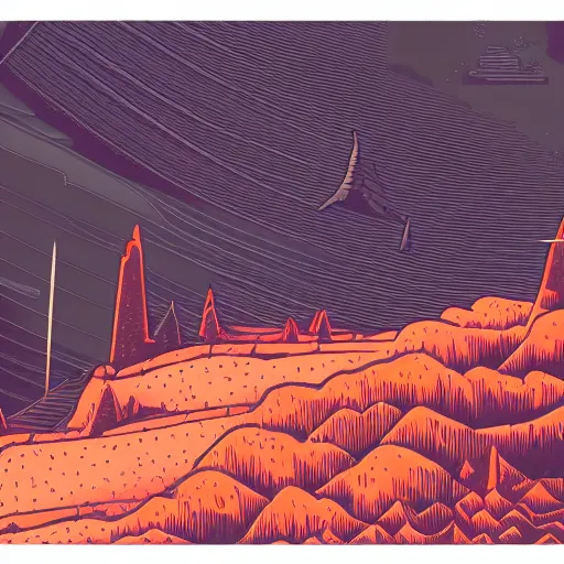 Prompt: detailed cyberpunk illustration of steep long zig - zag path to an evil sharp castle over a high dark blue hill, orange to pink gradient sky and thunderstorm background. forest underneath