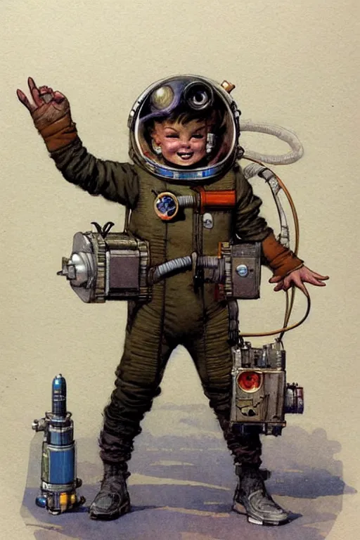 Image similar to ( ( ( ( ( 2 0 5 0 s retro future 1 0 year boy old super scientest in space pirate mechanics costume. muted colors. childrens book, tom lovell ) ) ) ) ) by jean - baptiste monge,!!!!!!!!!!!!!!!!