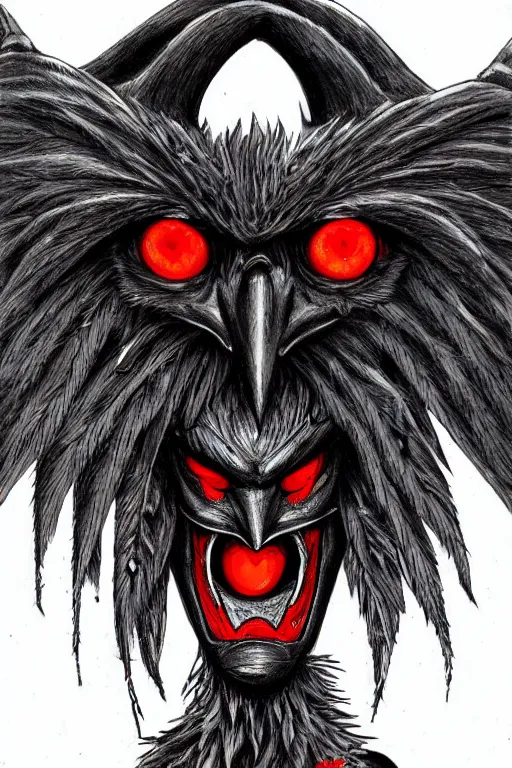 Image similar to crow devil, red eyes, highly detailed, digital art, sharp focus, trending on art station, kentaro miura manga art style