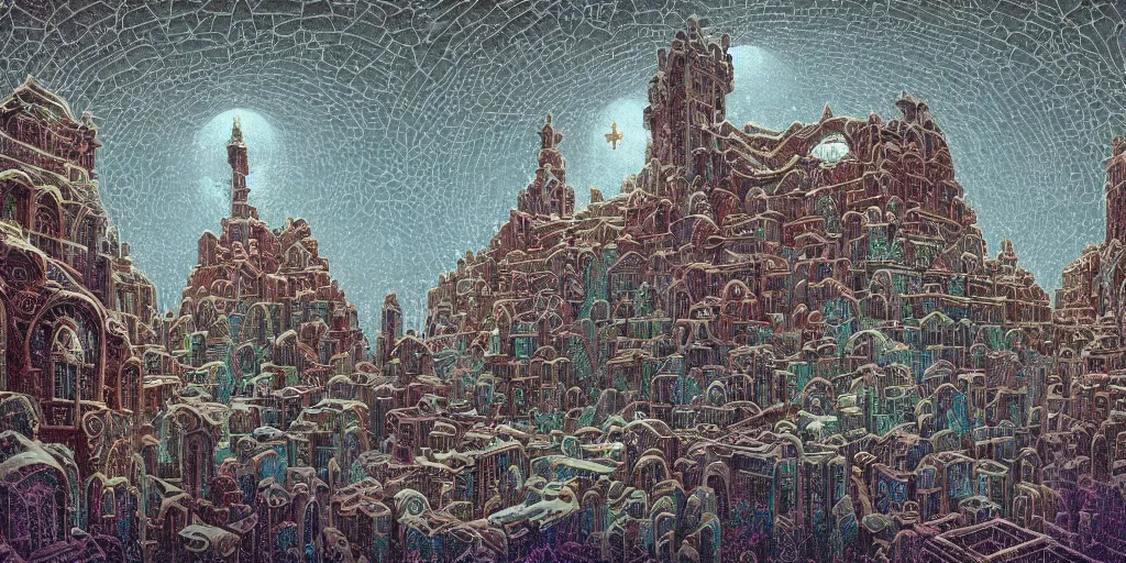 Prompt: a divine symmetrical ancient monastery snowy dystopia in Los Angeles, by High Druid and Jeff Soto and Chris Ryniak with influence from Beksiński, iridescent energy powerup sprites litter the realm, looks like 8-bit or 16-bit pixel art, shimmering prismatic glass voxel mc escher staircases galore | video game box artwork of the level designs, commodore 64 style, surrealist integration of perception between elements in the composition, artstation strategy guide | exclusive subconscious access to the DMT waiting room before takeoff, waiting at the heavenly golden gates with pearlescent tears flowing from floating eyeballs above, trending on artstation but beeple did it; artstation