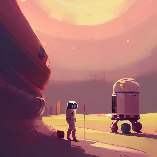 Image similar to ilustration astronaut unloading the spaceship before camping, characterized by roman shipunov, etienne hebinger, atey ghailan, cgsociety, cynical realism, fantasy art, 2 d game art