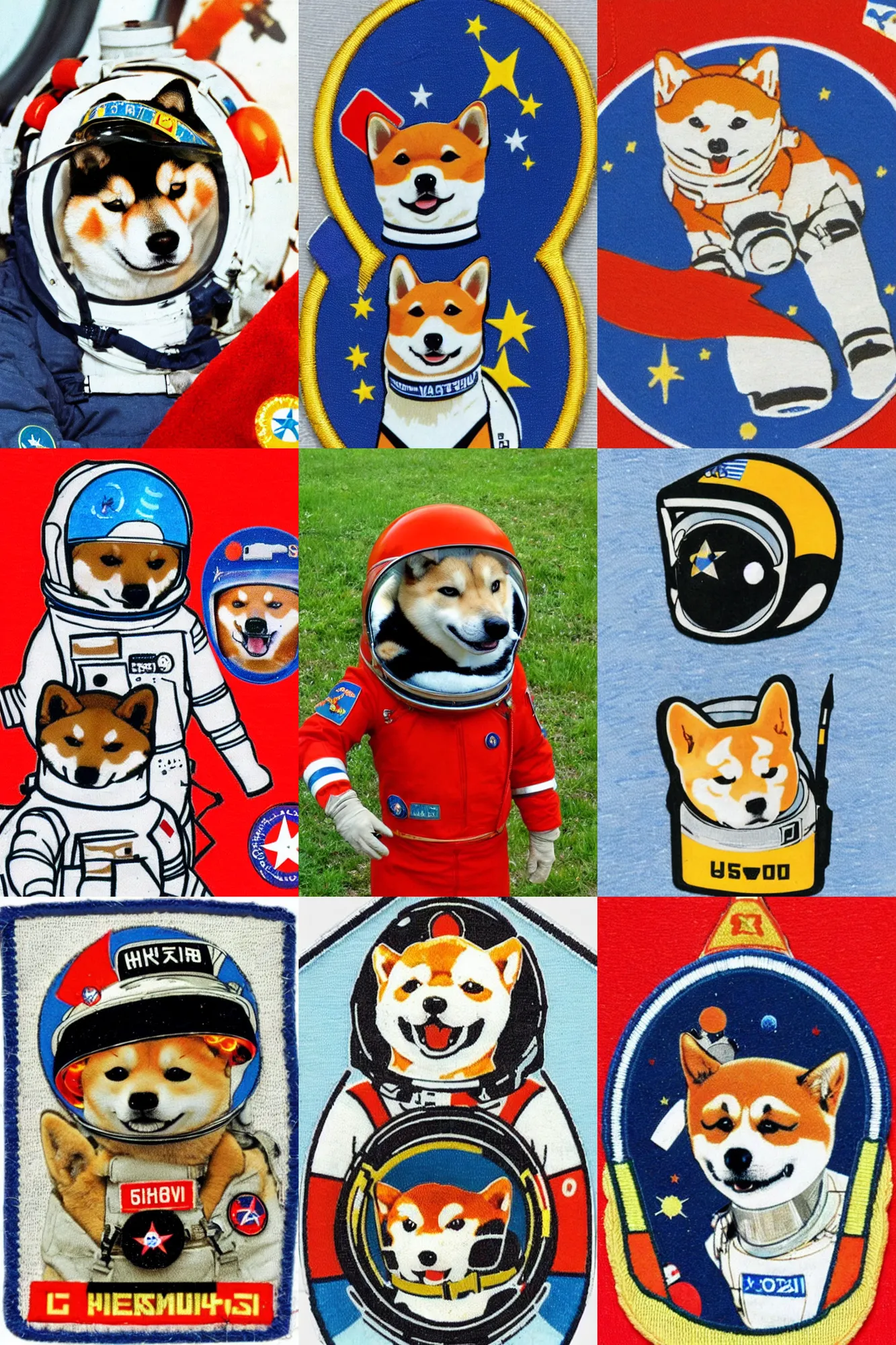 Prompt: Shiba Inu cosmonaut wearing helmet, 60s soviet space mission patch