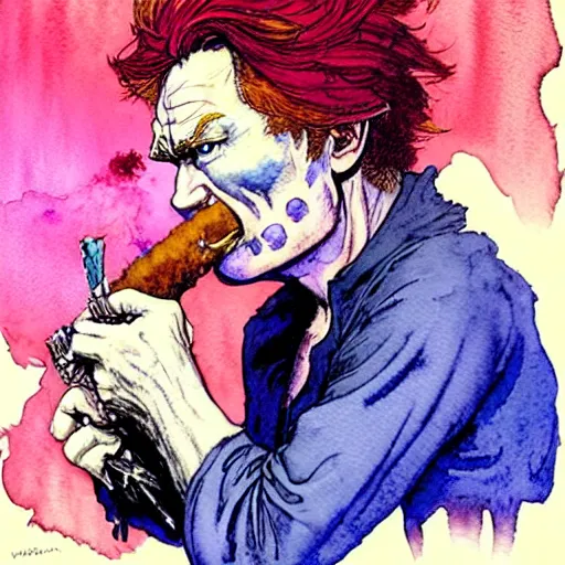 Image similar to a realistic and atmospheric watercolour fantasy character concept art portrait of conan o'brien with pink eyes wearing a wife beater and smoking a huge blunt by rebecca guay, michael kaluta, charles vess and jean moebius giraud