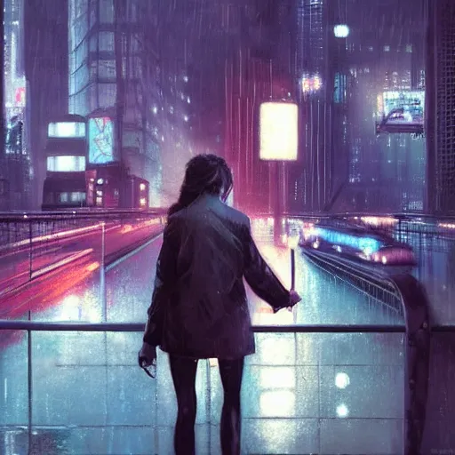 Image similar to chillwave scene of girl and cat, moment, cyberpunk elevated train, electronic billboards, tech noir, wet reflections, atmospheric, ambient, livia prima, greg rutkowski, edward hopper, pj crook