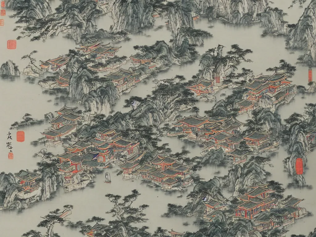 Prompt: traditional chinese painting of a modern megapolis