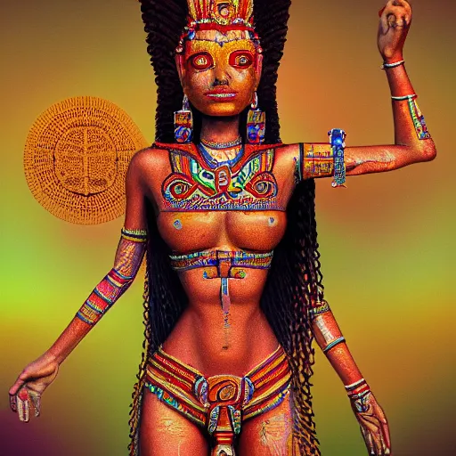 Image similar to Full body photo of the most beautiful mayan goddess, in the style of Peter Mohmacher and Mati Klarwein, trending on Artstation, digital art, symmetrical artwork, cinematic, hyper realism, high detail, octane render, 4k, 8k