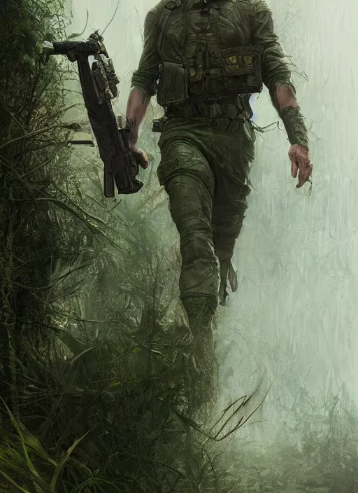 Image similar to portrait of a young richard dean anderson wearing a green combat uniform, in a post appocalyptic city overgrown by plants, by wlop, by luis royo, by greg rutkowski, cover illustration, concept art, volumetric lighting, volumetric atmosphere, sharp focus, octane render, trending on artstation, 8 k