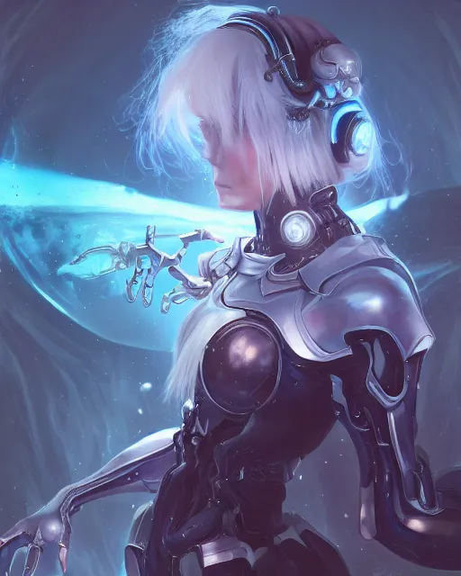 Image similar to holy cyborg necromancer girl, elegant, scifi, futuristic, utopia, garden, illustration, atmosphere, top lighting, blue eyes, white hair, focused, artstation, highly detailed, art by yuhong ding and chengwei pan and serafleur and ina wong