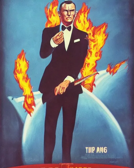 Image similar to “ a james bond style pulp poster illustration of handsome big tex on fire, movie premiere poster, close up, portrait, dramatic, 1 9 6 0 s, highly detailed ”