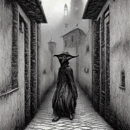 Image similar to plague doctor walking through a town ravaged by plague, dark, creepy, death, disease, hyperdetailed, concept art in a style of zdzislaw beksinski