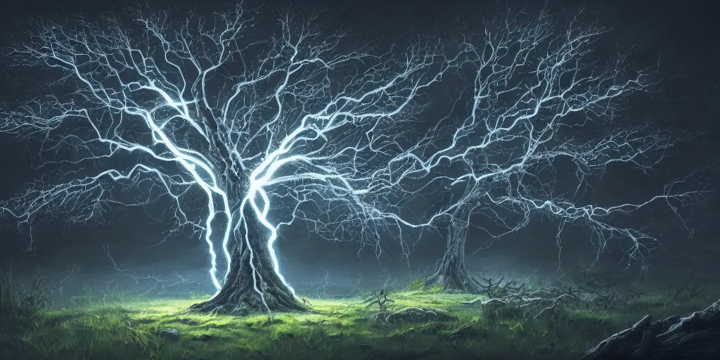 Prompt: a tree with lightning for leaves, overexposure, electricity, night, unreal engine, digital art, 8 k, oil painting, fantasy art, illustration, detailed and intricate environment