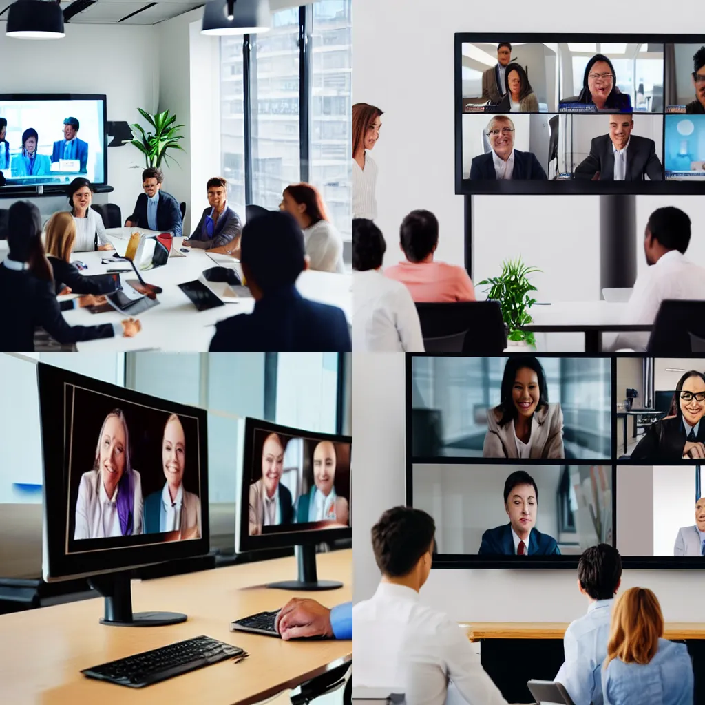 Prompt: global corporation online videoconference in meeting room with diverse people sitting in modern office and multicultural multiethnic colleagues on big screen monitor.