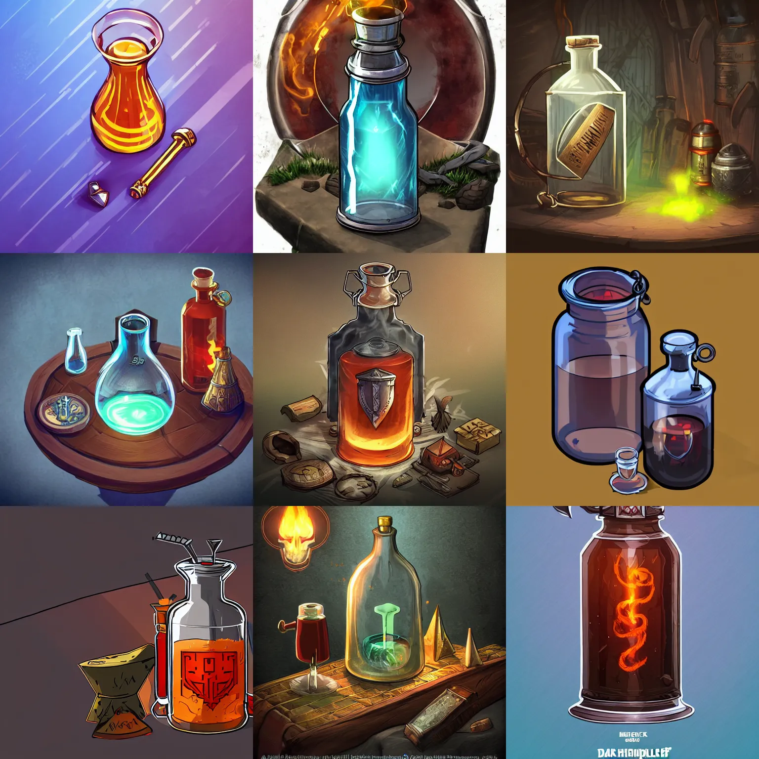 Prompt: a health potion in a glass flask , artstation, rpg, digital art, isometric, dark background, dark souls, the witcher 3, crusader kings, skyrim