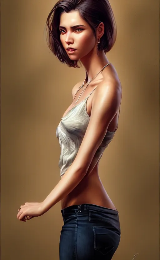 Image similar to full length photo of a gorgeous young woman in the style of stefan kostic, realistic, sharp focus, 8k high definition, insanely detailed, intricate, elegant, art by stanley lau and artgerm