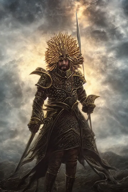 Image similar to an ultra detailed 3 d render of king richard the lionhearted as an elden ring boss, epic anime fantasy, 8 k, in the style of a fantasy metal album cover and magic the gathering, volumetric lighting, smooth, highly detailed, digital illustration, octane render, art by albert bierstadt and greg rutkowsi, artstation