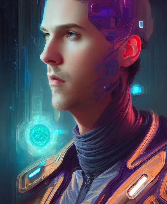 Image similar to a whirlwind inside the metaverse, guy, male, man, hologram, half body, neurochip, android, cyborg, cyberpunk face, by loish, d & d, fantasy, intricate, elegant, highly detailed, colorful, digital painting, artstation, concept art, art by artgerm and greg rutkowski and alphonse mucha