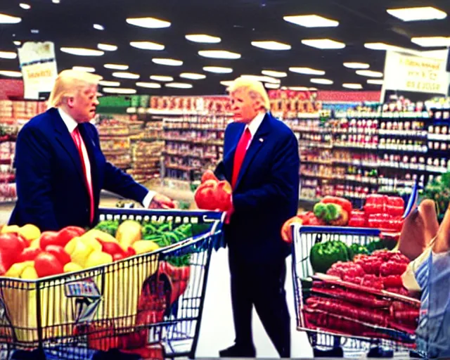 Image similar to joe biden and trump buying groceries. center frame medium shot, shot on technicolor cinemascope 35mm anamorphic lense, flare