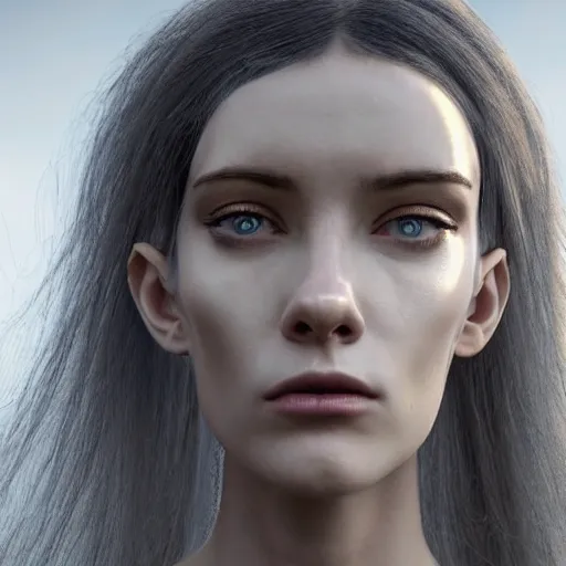 Prompt: A young beautiful female extraterrestrial-cyborg face with a very long neck, big clear eyes, thin nose, big lips, hair floating in the wind:: alien is from the future, Realistic, Refined, Detailed Digital Art, Pre-Raphaelite,Renaissance, Highly Detailed, Cinematic Lighting, rim light, black and white, photo-realistic Unreal Engine, 8K