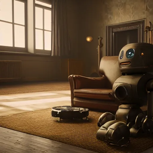 Image similar to Lonely and depressed robot sitting on a couch in front of a large fireplace in a Victorian home in the future. octane render, extremely detailed, cinematic lighting, 8k, lens flare, cinematic movie photograph, closeup portrait, trending on artstation, cgsociety, award-winning art, by Simon Stalenhag.